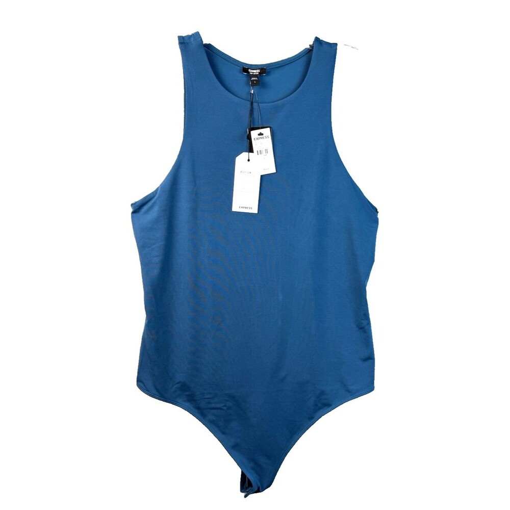 NWT Express Body Contour Compression Round Neck Thong Bodysuit L Snap Teal Blue